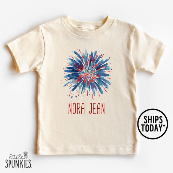 Fireworks Shirt, Watercolor Fireworks with Name T-Shirt, Personalized Fourth of July Shirt for Kids - AL1478