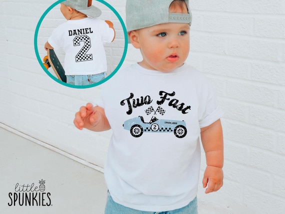 Two Fast with Retro Blue Race Car Shirt: 2nd Birthday Party Tshirt with Back Print Shirt - PL16857