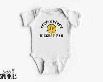 Custom Name's Biggest Fan Softball Onesies® Brand, Personalized Infant T-Shirt, Kids Softball Gifts - XL24959