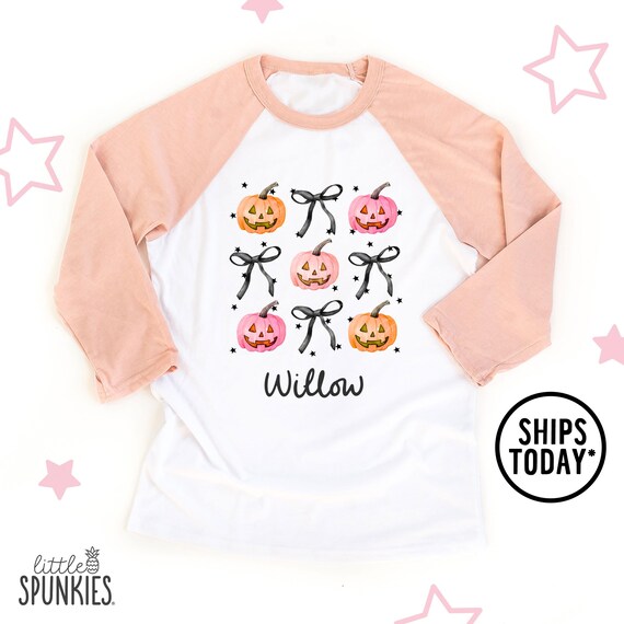 Coquette Fall Shirt for Girls, Halloween Coquette Pumpkins & Bows Tshirt, Toddler Girl Raglan - GL7897