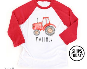 Watercolor Red Tractor Raglan Tee: Personalized Boy's Farming Gift - SL19172