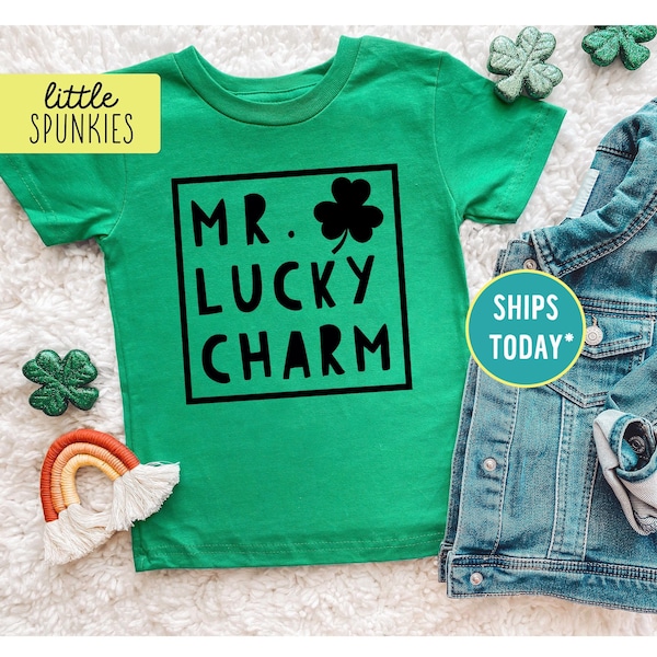 Mr Lucky Charm Shirt with Shamrock, Three Leaf Clover Kids Graphic Tee, St Patricks Day for Boys (GREEN Shirt with BLACK Ink)