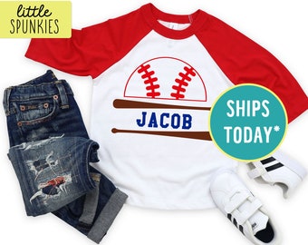 Kids Sports Shirt, Baseball & Bat with Custom Name Toddler Raglan Tee, Personalized Graphic Baseball Tee (BASEBALL and BATS)