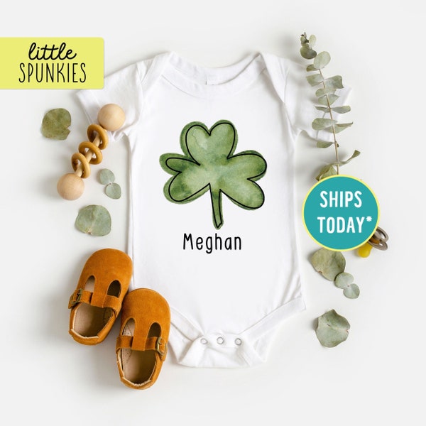 Custom Name Watercolor Shamrock Bodysuit, Personalized St Patricks Day Onesies® Brand, Three Leaf Clover Bodysuit (WATERCOLOR SHAMROCK)