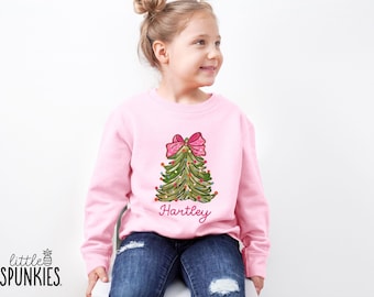 Personalized Coquette Bow Christmas Tree Sweatshirt: Girls Holiday Crewneck - BL2550
