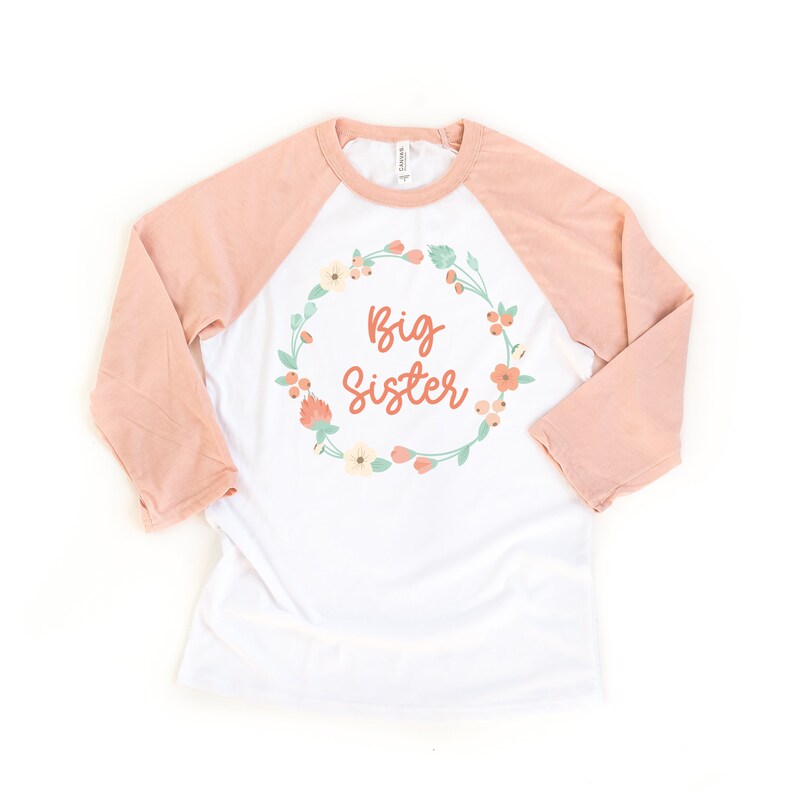 Big Sister Peach Floral Wreath Raglan Shirt Toddler Baseball Tee Big Sister Gift