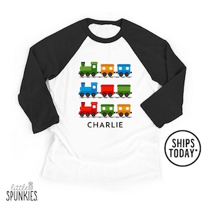 Custom Name Train Raglan Tee, Personalized Trains Tshirt, Train Birthday Theme Shirt - ZL26864