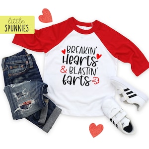 Breakin&#39; Hearts & Blastin&#39; Farts, Funny Boys Valentines Day Shirt, Toddler and Youth Raglan Tee