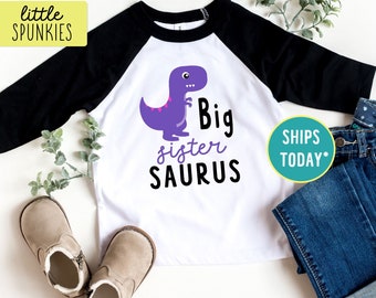 Dinosaur Graphic Tees, Big Sister Saurus Toddler Raglan, New Big Sister Gift (PURPLE DINOSAUR)