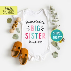 Promoted to Big Sister Onesies® Brand, Pregnancy Reveal Baby Graphic Tee, Custom Date Infant Girl T-Shirt (PROMOTED to BIG SISTER)