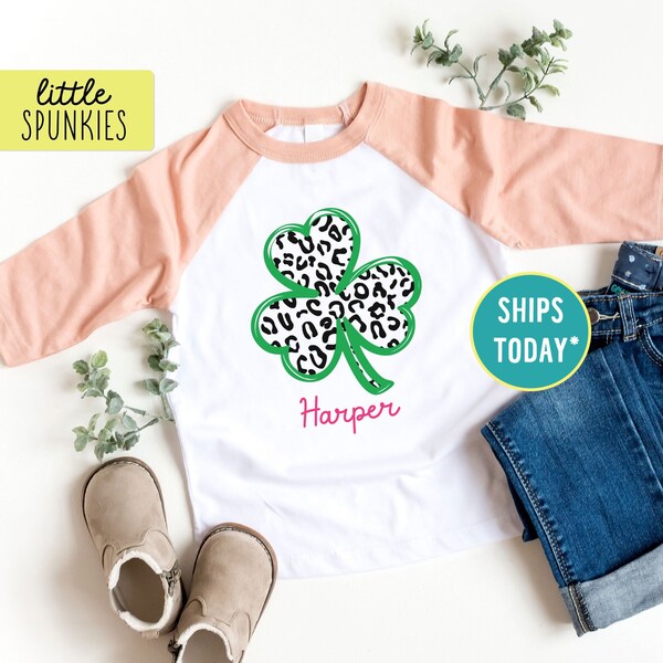 Personalized St Patricks Day for Girl, Leopard Shamrock with Custom Name Raglan, Animal Print Shamrock Shirt (LEOPARD SHAMROCK)
