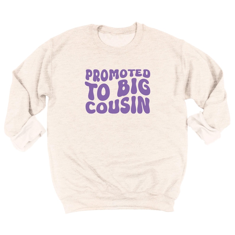 Może przedstawiać: Jasna beżowa bluza z fioletowym napisem "PROMOTED TO BIG COUSIN". Tekst jest w zaokrąglonej, zabawnej czcionce. Top z okrągłym dekoltem ma długie rękawy i podwinięte mankiety.