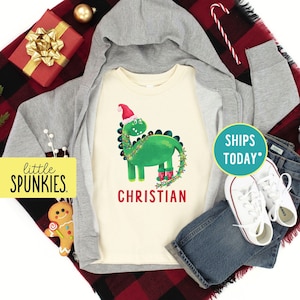 Retro Holiday Dinosaur T-Shirt, Watercolor Christmas Dino with Custom Name Shirt, Trex Graphic Tee for Kids (WATERCOLOR CHRISTMAS DINO)