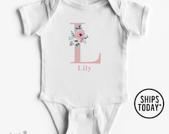 Custom Floral Baby Girl Name Onesies® Brand, Personalized Flower Letter Onesies® Brand, Cute Newborn Infant Bodysuit - UL21356