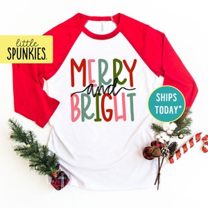 Merry & Bright Raglan Tees, Christmas Shirt for Kids, Toddler Holiday Shirts