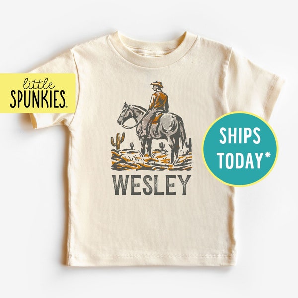 Personalized Cowboy Shirt with Name, Western Cowboy with Horse T-Shirt, Custom Toddler Natural Shirt (COWBOY w/ NAME)