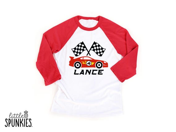 Car Racing Shirt with Name and Age: Red Race Car Raglan - ZL26858