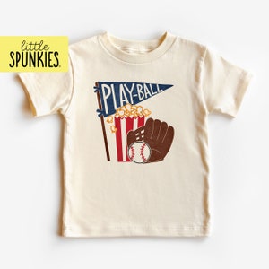 Vintage Sports Fan Shirt, Play Ball with Popcorn and Mitt, Natural T-Shirt, Baseball Themed Graphic Tee