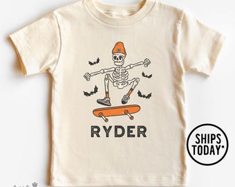 Skeleton with Skateboard Natural Shirt, Halloween Shirt for Boys, Spooky Season Graphic Tees - GL7945