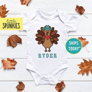 Cowboy Turkey with Name Onesies® Brand, Funny Thanksgiving Bodysuit, Personalized Fall Shirt (COWBOY TURKEY)