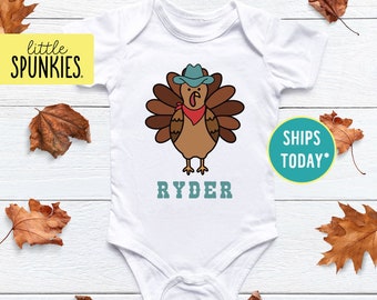Cowboy Turkey with Name Onesies® Brand, Funny Thanksgiving Bodysuit, Personalized Fall Shirt (COWBOY TURKEY)