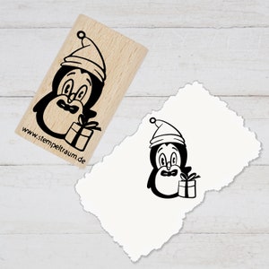 Motivstempel - Pinguin mit Mütze und Geschenk - DIY Stempel zum Basteln von Karten, Papier, Stoffen, Holz, Dekoration, Winter, Advent