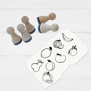 Ministempel-Set - Motivstempel Obst 8 Motive - Pflaume - Birne - Banane - Pfirsich - Apfel - Zitrone - Melone -  Mandarine- Stempel Geschenk