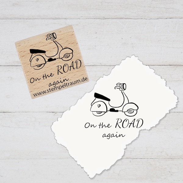 Stempel  - Motivstempel - On the ROAD again - Vespa Roller, Geschenk - DIY Stempel zum Basteln von Karten, Papier, Stoff, Holz, Dekoration