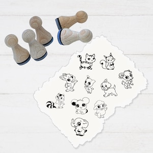 Ministempel-Set - Motivstempel Tiere 10 Motive - Ziege - Hund - Schaaf - Schwein - Hase - Maus - Waschbär -  Elefant - Katze - Eichhörnchen