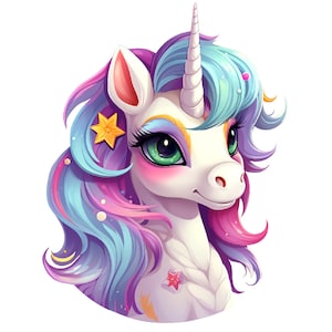 Könnte beinhalten: Ein weißes Einhorn mit einer blauen, rosa und violetten Mähne und einem Schwanz. Das Einhorn hat grüne Augen, einen goldenen Stern am Ohr und einen rosa Stern auf der Brust.