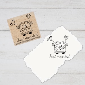 Stempel Motivstempel mit Text - Just Married - Bus mit Herzen, Geschenk - DIY Stempel zum Basteln von Karten, Papier, Stoff, Holz, Deko