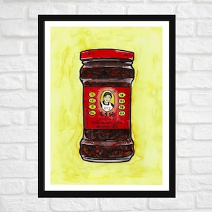 May include: A watercolour painting of a red jar of Lao Gan Ma chilli sauce. The jar has a red label with Chinese characters and a picture of a woman. The jar is sitting on a yellow background.