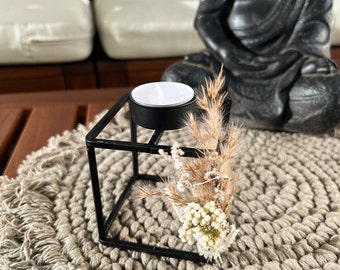 Teelichthalter mit Trockenblumen (schwarz und gold)