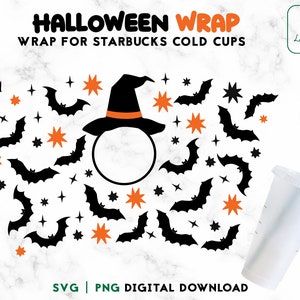 May include: A printable Halloween-themed wrap for a Starbucks cold cup. The design features a witch's hat with a circle for adding text, bats, and stars. The text "Halloween Wrap" and "Wrap for Starbucks Cold Cups" is included in the design.