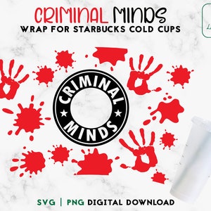 May include: A black and white graphic design with the text "CRIMINAL MINDS" in a circle with a star. The design is surrounded by red handprints and blood splatter.