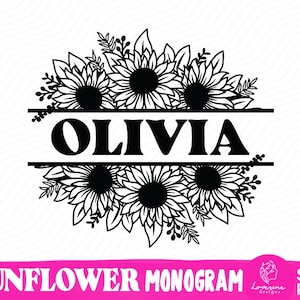 Design SVG monogramma diviso, file Svg cornice di girasole, bordo fiore in formato SVG, monogramma diviso girasole in formato SVG, fiori di campo in formato SVG, download digitale