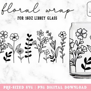 Wildflower SVG Libbey glass, Flower Border SVG, 16oz Glass can Cut file, Flower Glass can SVG, Floral beer glass svg - Descarga digital