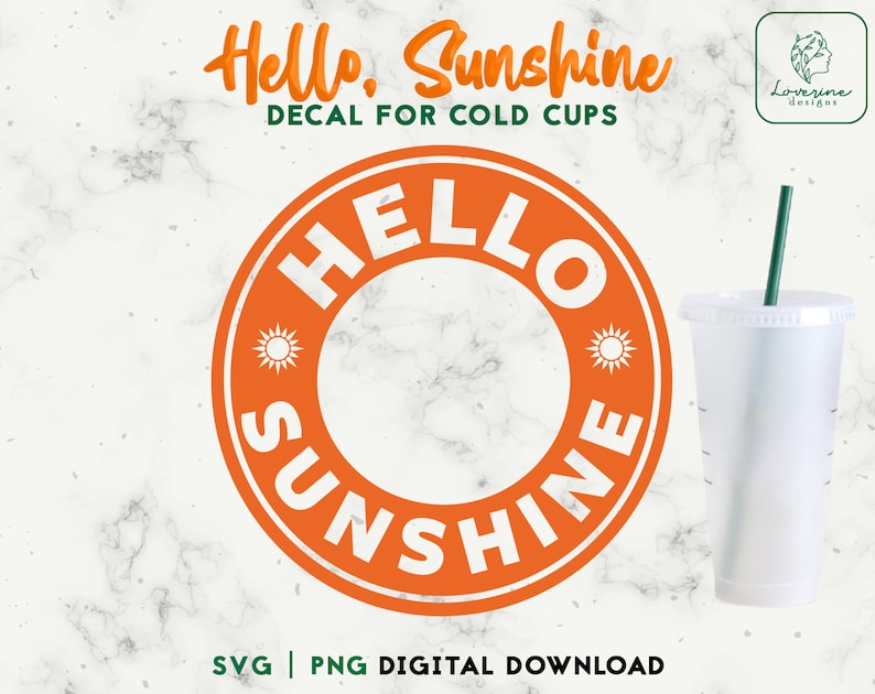 Pu&ograve; includere: Adesivo rotondo arancione e bianco con il testo "Hello Sunshine" per bicchieri freddi. L'adesivo &egrave; su uno sfondo di marmo bianco.