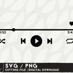 Op de afbeelding: Zwart-witte muziekspeler-bedieningspictogrammen met een hart, shuffle, terugspoelen, afspelen, vooruitspoelen en herhalen. De tijd wordt weergegeven als 0:52 en 3:42.