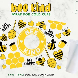 Bee Kind SVG Full Wrap 24oz Venti Cold Cup Svg - Honey Bee Svg Cold Cup - Honeycomb SVG pour 24oz Venti Cold Cup - Téléchargement numérique