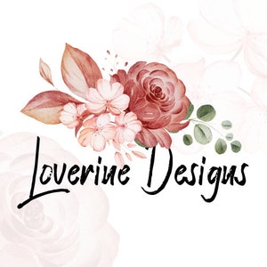 May include: Watercolor floral design with pink and red flowers and green leaves. The text "Loverine Designs" is written in black cursive script.