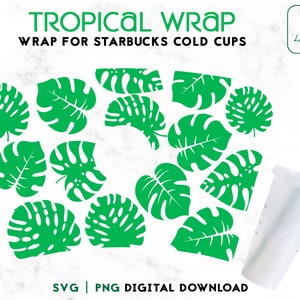 Tropical leaves SVG 24oz Venti Cold Cup, Summer Svg Cold Cup 24oz, Tropical Hawaiian Svg Full Wrap Svg Png Instant Download