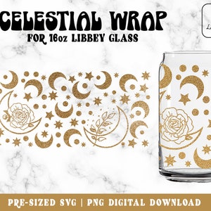 Boho Mond Libbey Glas svg, Sterne und Mond Svg 16oz Glas svg, Kaffeedose Glas Wrap, Mystische svg, Neumond svg, Digital Download