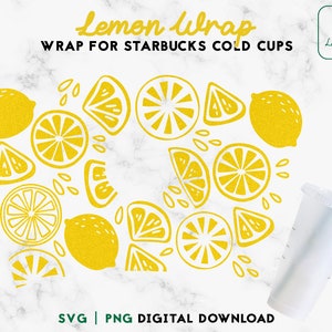May include: A digital download design for a lemon-themed wrap for Starbucks cold cups. The design features a pattern of yellow lemons and lemon slices on a white background. The text "Lemon Wrap" and "Wrap for Starbucks Cold Cups" is included in the design.