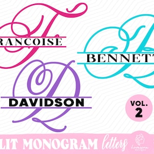 May include: Three split monogram designs featuring a cursive font. The first design is pink with the name FRANCOISE. The second design is blue with the name BENNETT. The third design is purple with the name DAVIDSON. The designs are labelled "SPLIT MONOGRAM letters" and "VOL. 2".