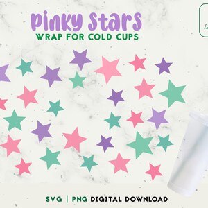 May include: Digital design featuring a collection of stars in pink, teal, and purple. The text "pinky Stars" and "Wrap for Cold Cups" is displayed. A clear cold cup with a green straw is in the image.