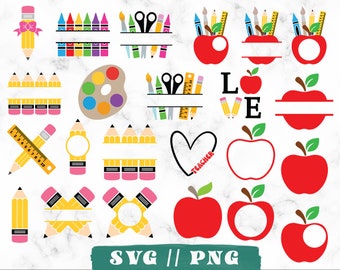 May include: A set of 20 SVG and PNG digital files featuring school-themed designs. The designs include apples, pencils, crayons, rulers, paint palettes, and the word "LOVE".