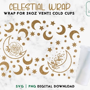 Boho Mond 24 Unzen Venti Cold Cup Wrap svg, Sterne und Mond Cold Cup svg, mystische wickeln svg geschnitten Datei Instant Download