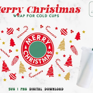 Buon Natale 24oz Venti Cold Cup Svg - Albero di Natale Cold Cup SVG - Avvolgimento di fiocchi di neve invernali per tazze personalizzate, Download istantaneo