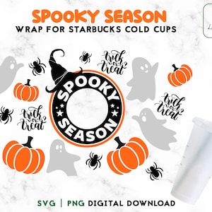 May include: A digital download of a spooky season themed wrap for Starbucks cold cups. The design features a black and orange circle with the text "Spooky Season" and stars. There are also images of ghosts, pumpkins, spiders, and the text "trick or treat".